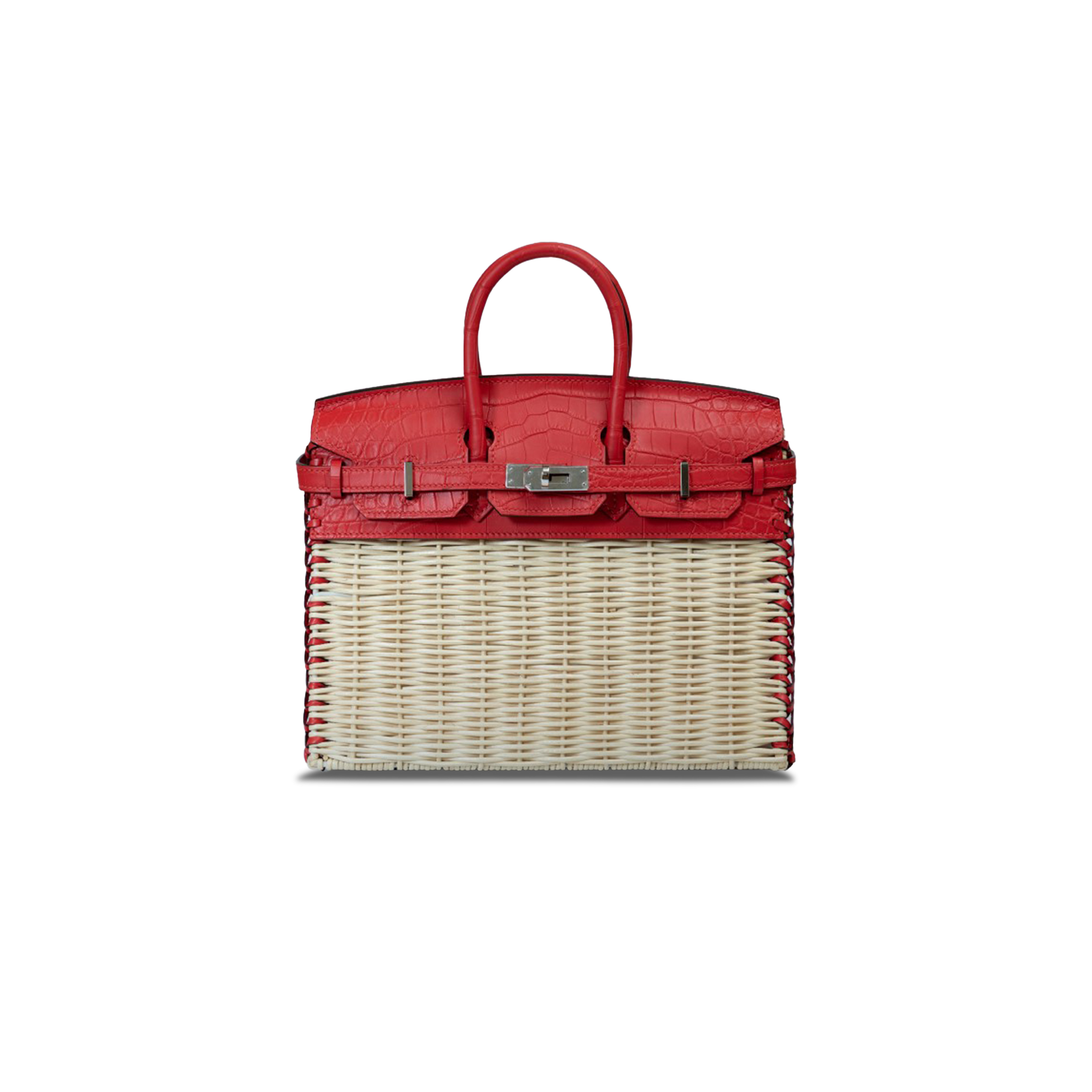 H**mes master birkin 25 picnic bag azalea red crocodile leather and woven wicker bag h082668ck09 (25*20*13cm)